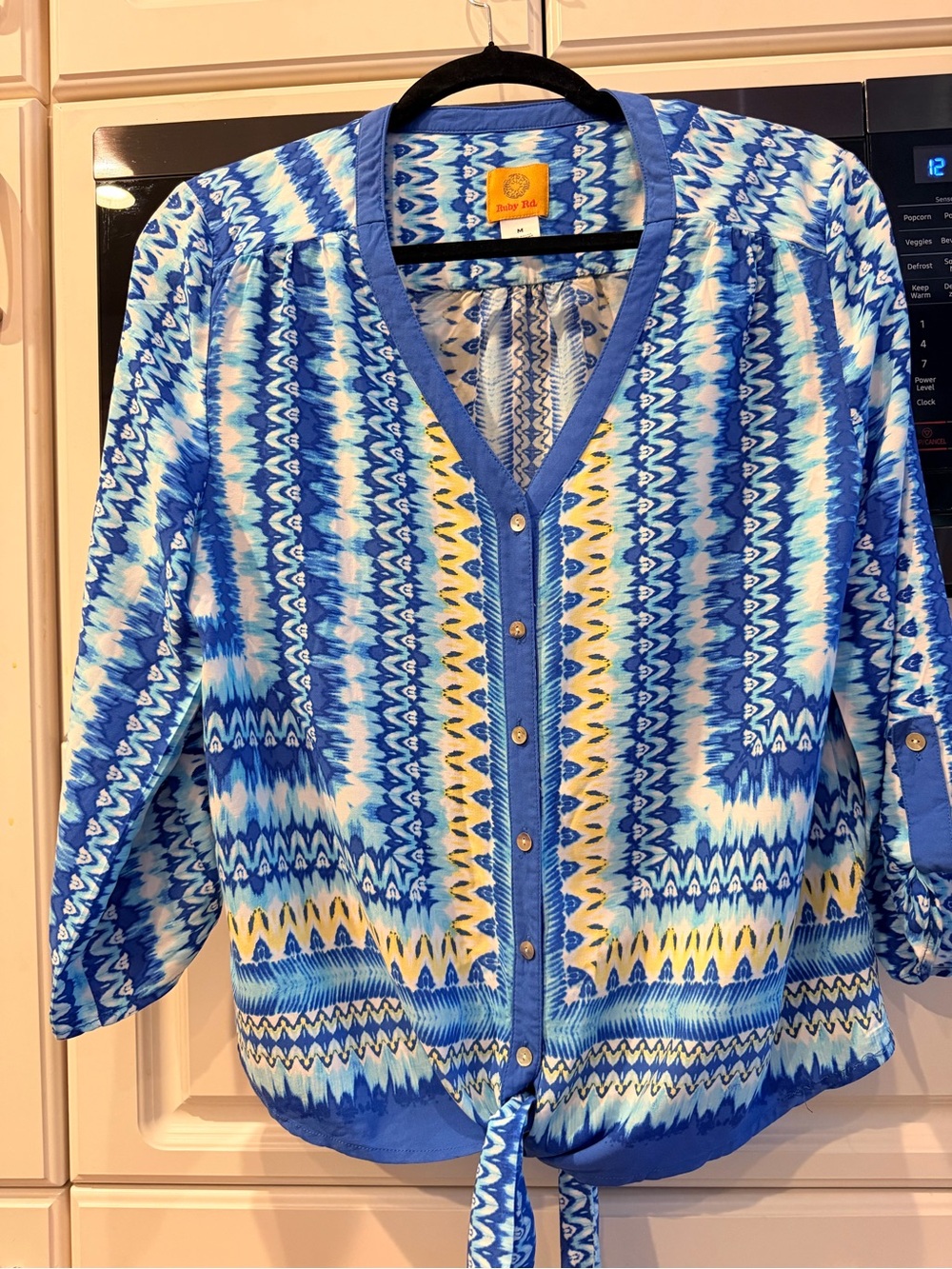 Ruby Rd. Blue and Yellow Chevron-Print Button-Front Tie-Hem Shirt
